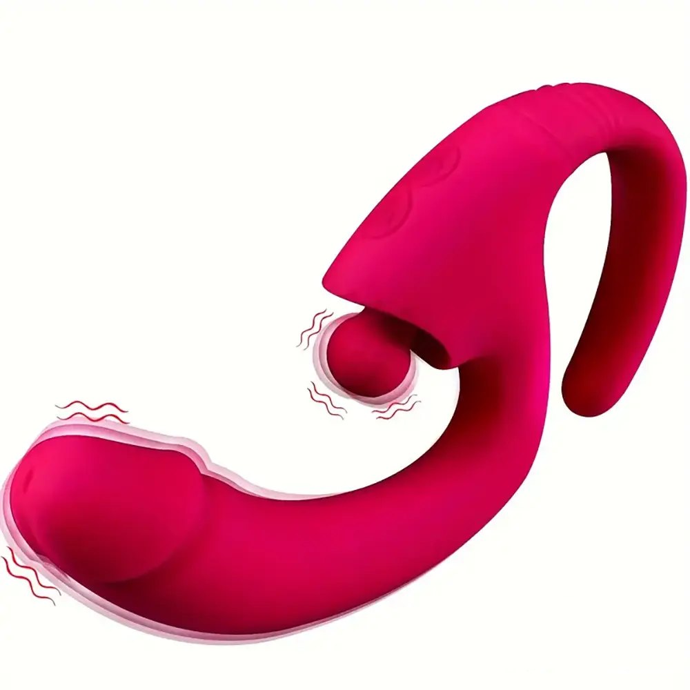 Red silicone vibrating dildo with external arm, photo 1