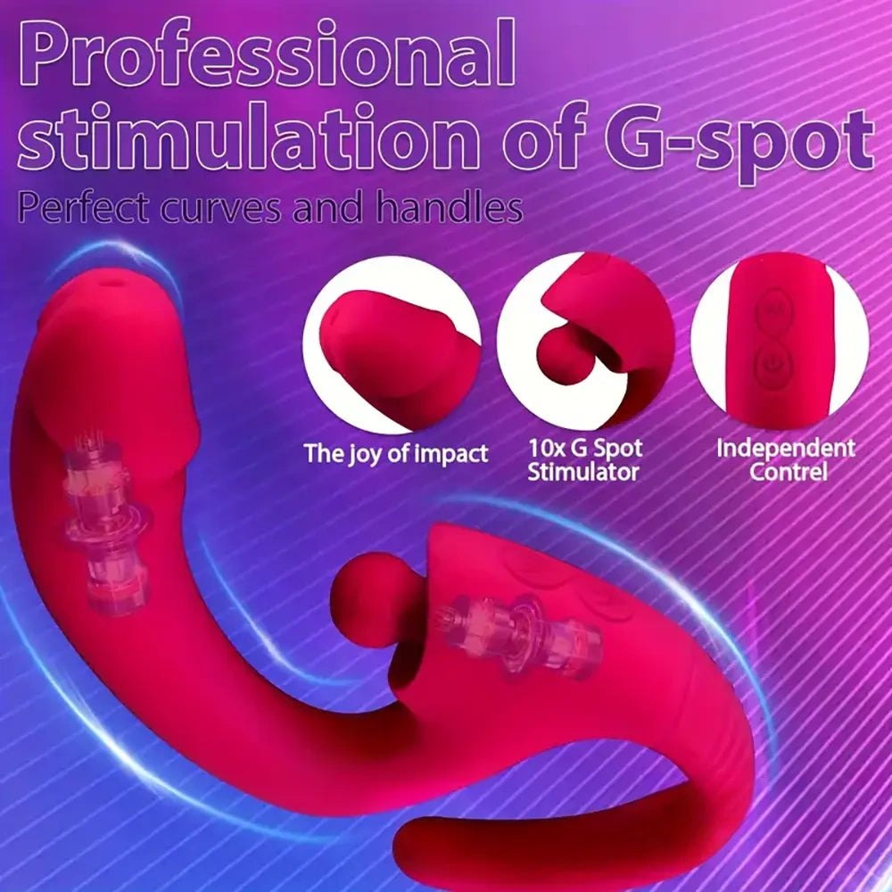 Red silicone vibrating dildo with external arm, photo 2