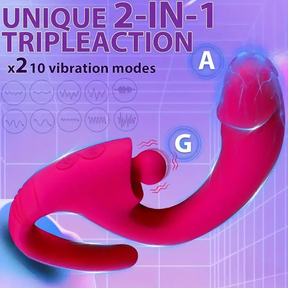 Red silicone vibrating dildo with external arm, photo 4