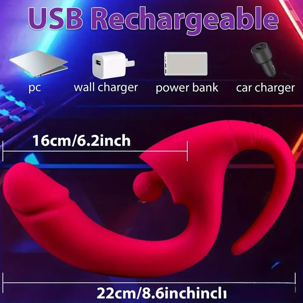 Red silicone vibrating dildo with external arm, photo 5