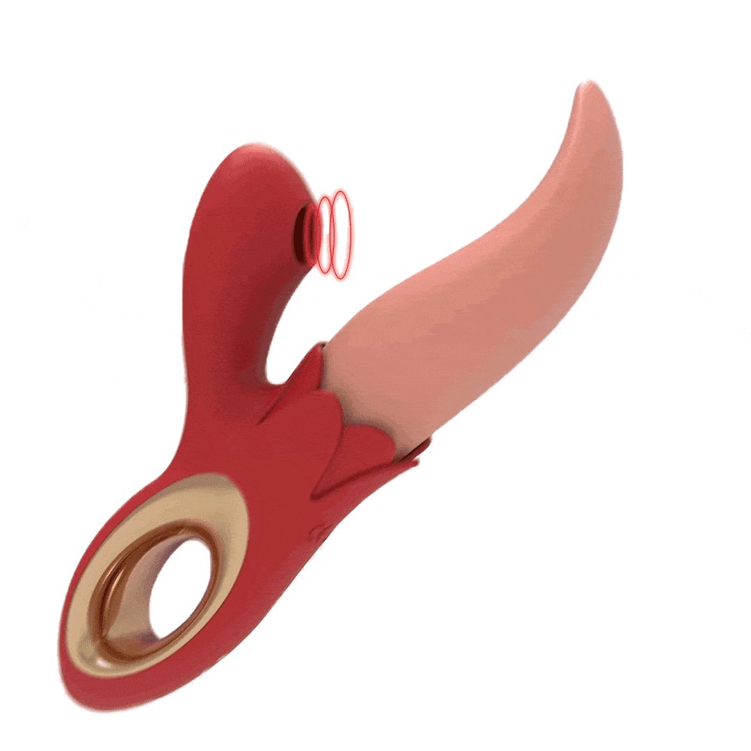 Red dual suction and tongue-licking vibrator with finger loop, photo 1