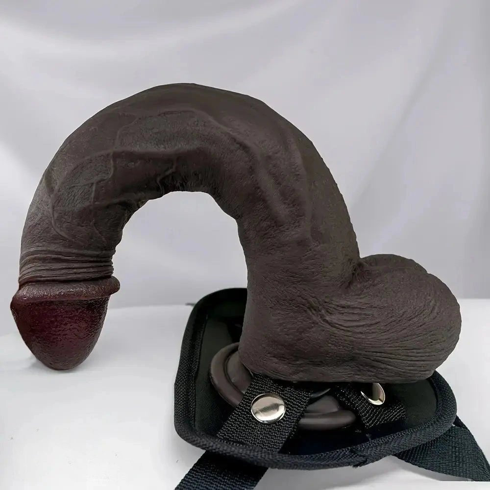 Ebony silicone dildo with harness compatible base, photo 13