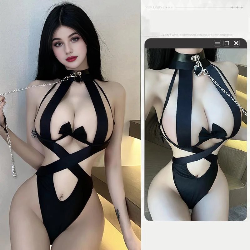 Black + Hand Holding Rope elastic strap cutout bondage style bodysuit