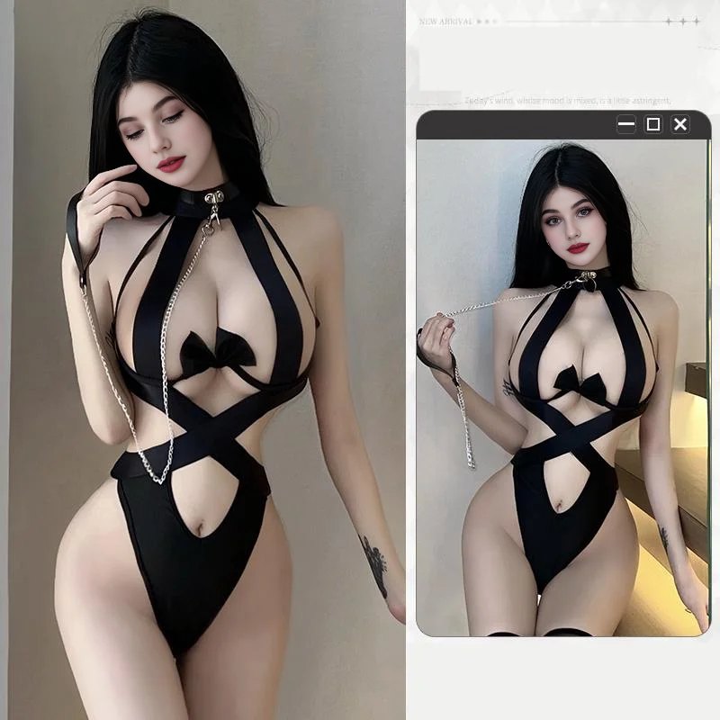 Black + Hand Holding Rope + Socks elastic strap cutout bondage style bodysuit