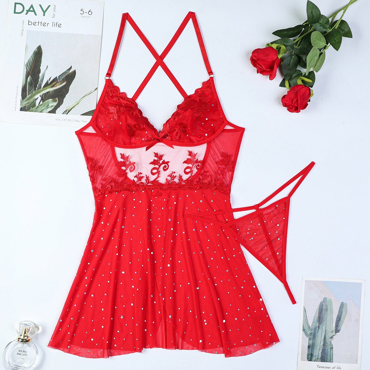 Red embroidered backless slip nightdress red