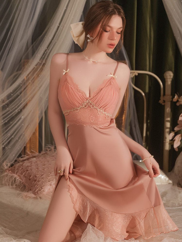 Embroidered lace backless satin nightgown robe, photo 14