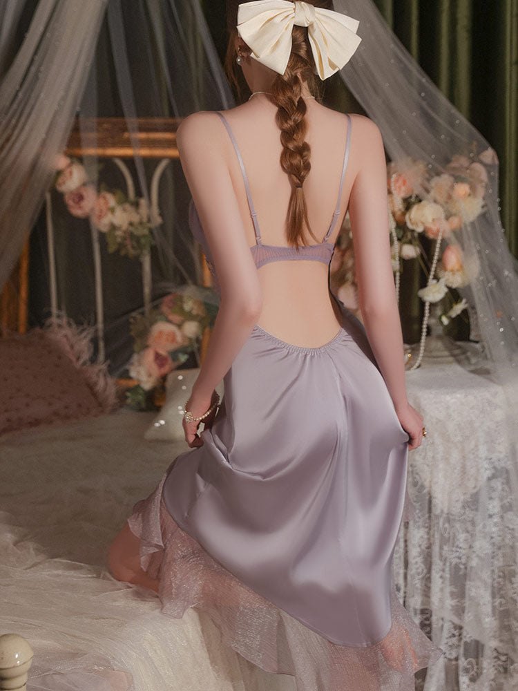 Embroidered lace backless satin nightgown robe, photo 8
