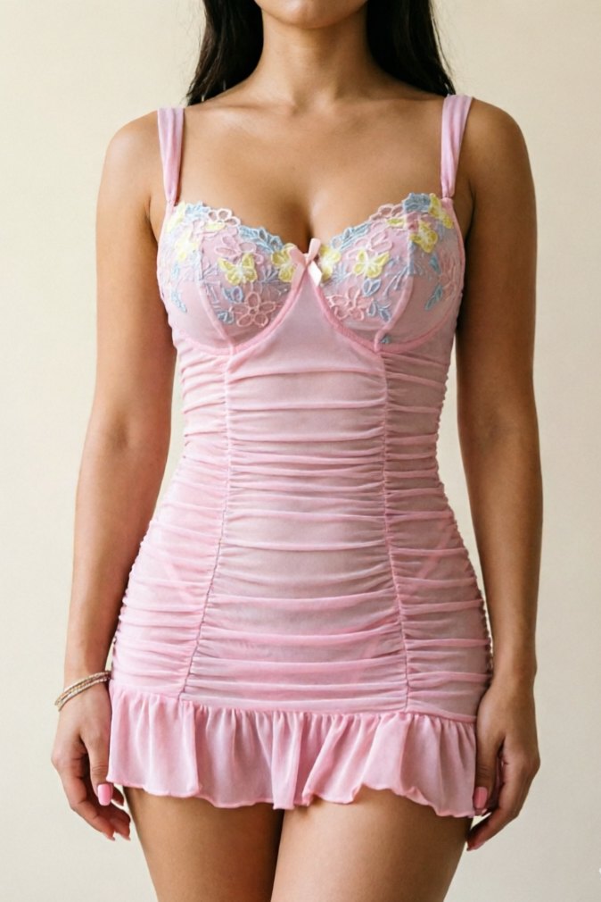 Pink embroidered mesh see through suspender skirt