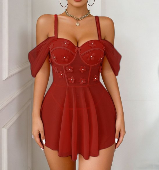 Burgundy embroidered mesh sleeve babydoll dress