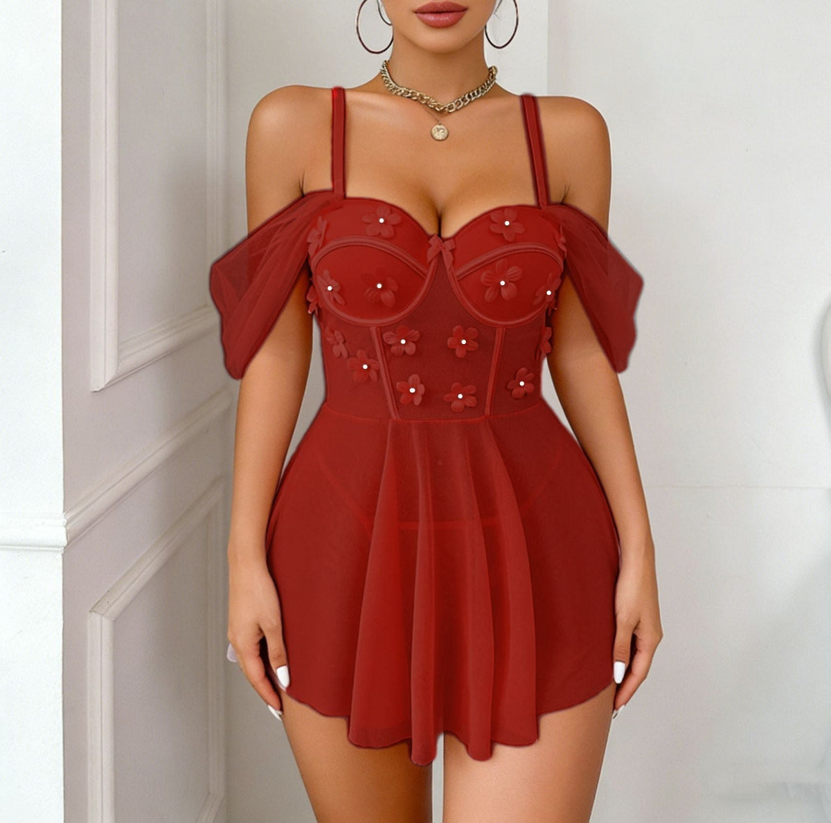Embroidered mesh sleeve babydoll dress, photo 4
