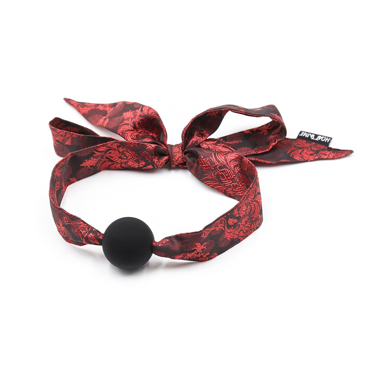 Red and black embroidered satin ball gag with silicone ball, photo 1
