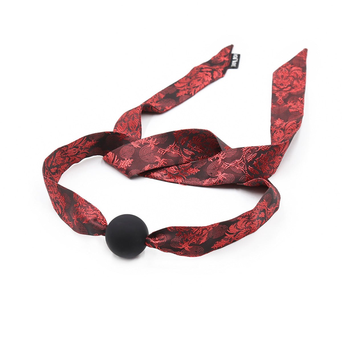 Red and black embroidered satin ball gag with silicone ball, photo 2