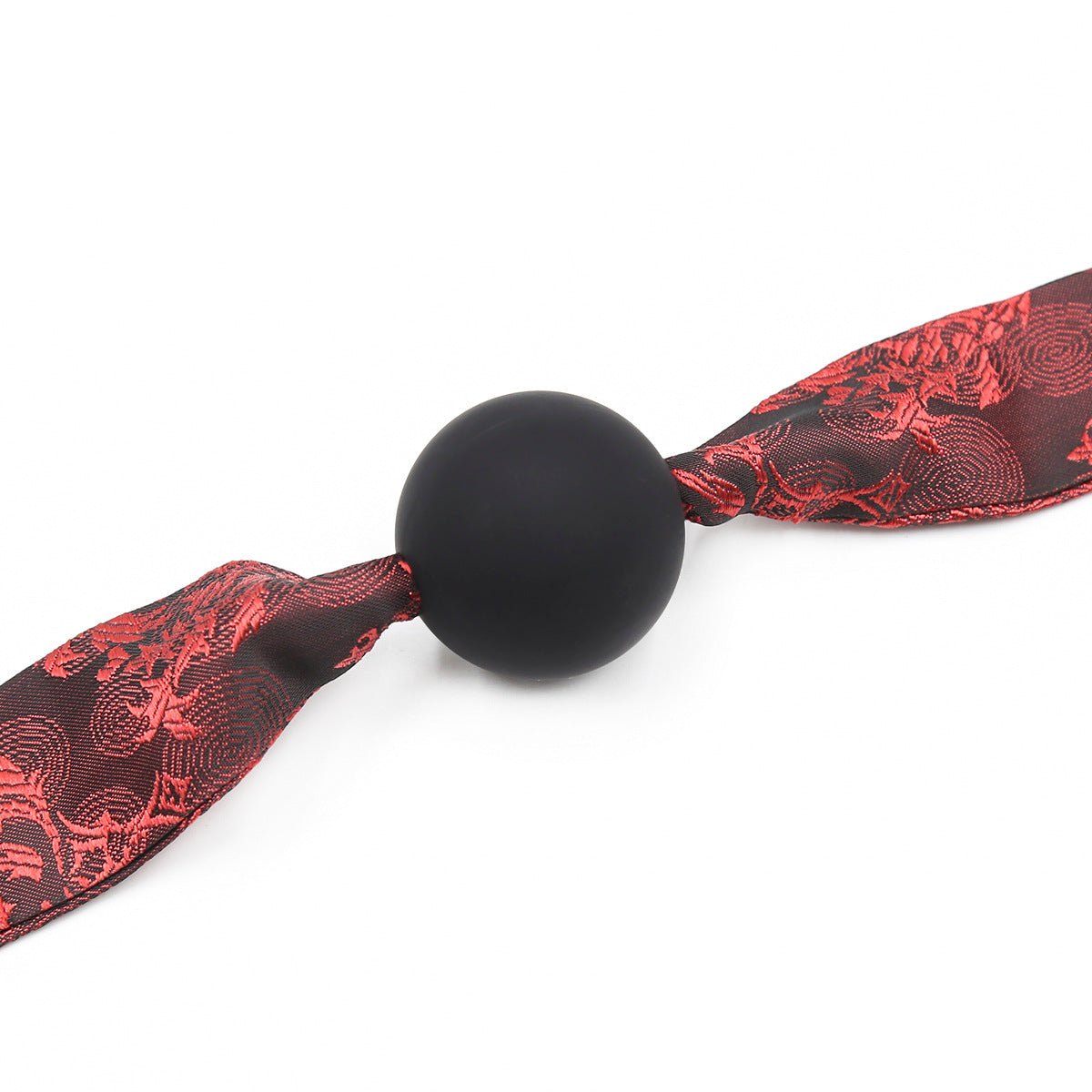 Red and black embroidered satin ball gag with silicone ball, photo 3