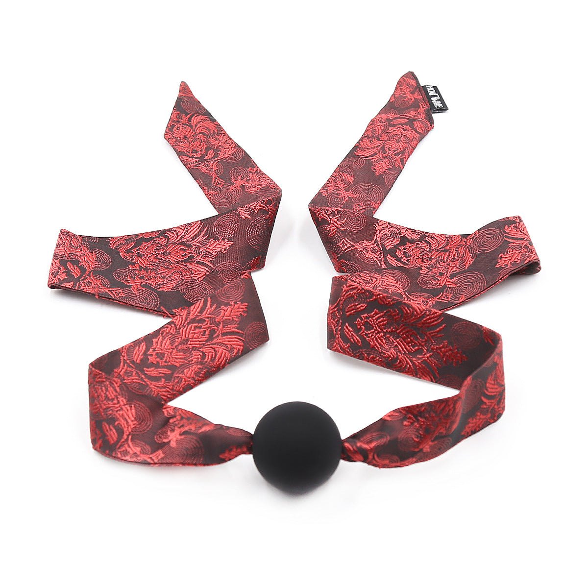 Red and black embroidered satin ball gag with silicone ball, photo 4