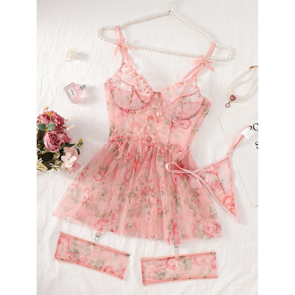 Embroidered sheer mesh garter lingerie set, photo 5
