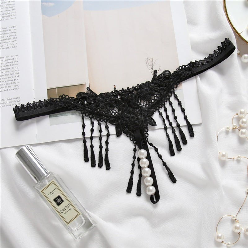 Black embroidered tassel open crotch thong