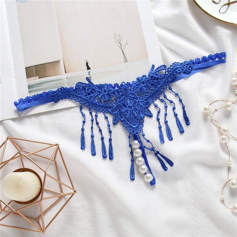 Blue embroidered tassel open crotch thong