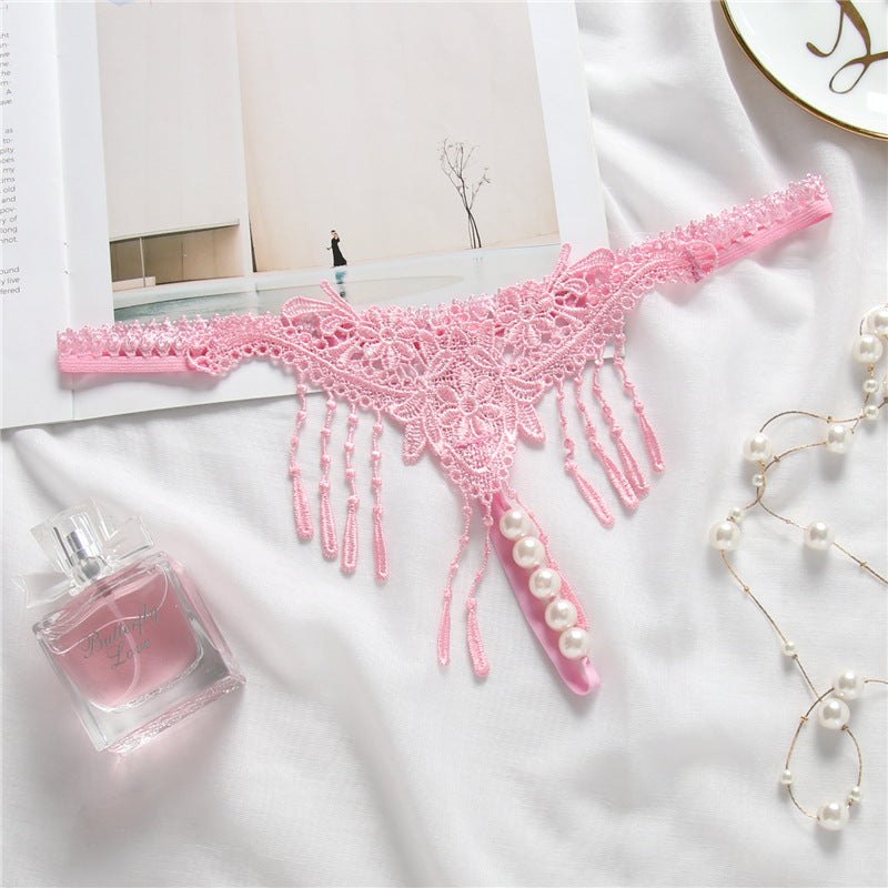 Pink embroidered tassel open crotch thong