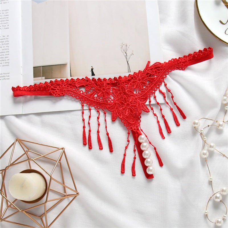 Red embroidered tassel open crotch thong