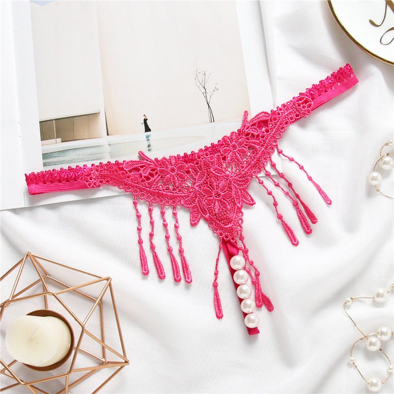 Rose Red embroidered tassel open crotch thong