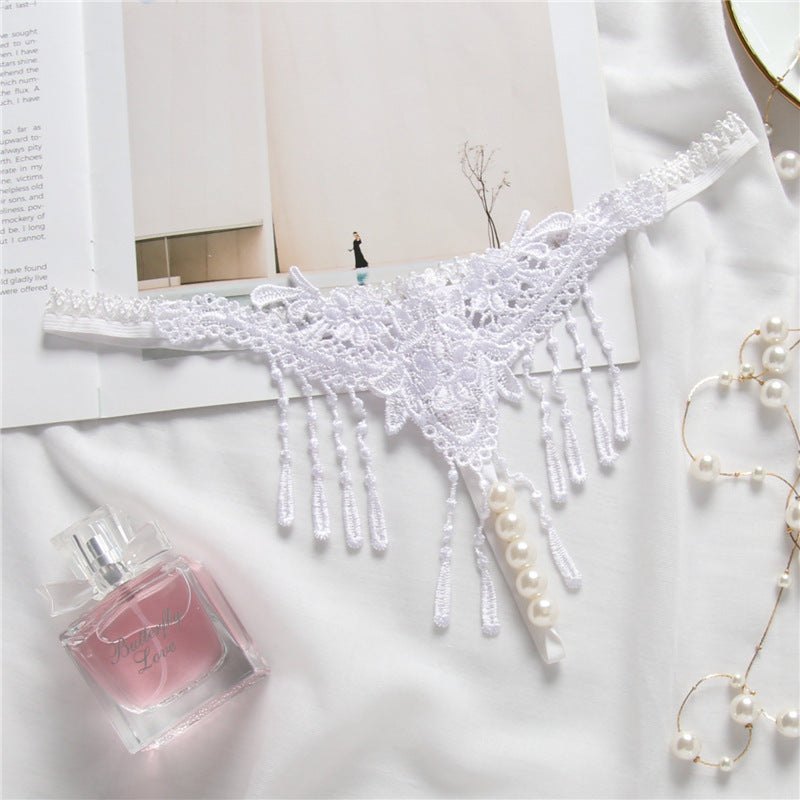 White embroidered tassel open crotch thong