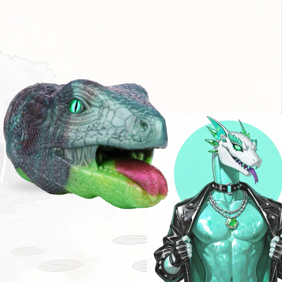 Teal-grey lizard head masturbator with emerald green eye, photo 1