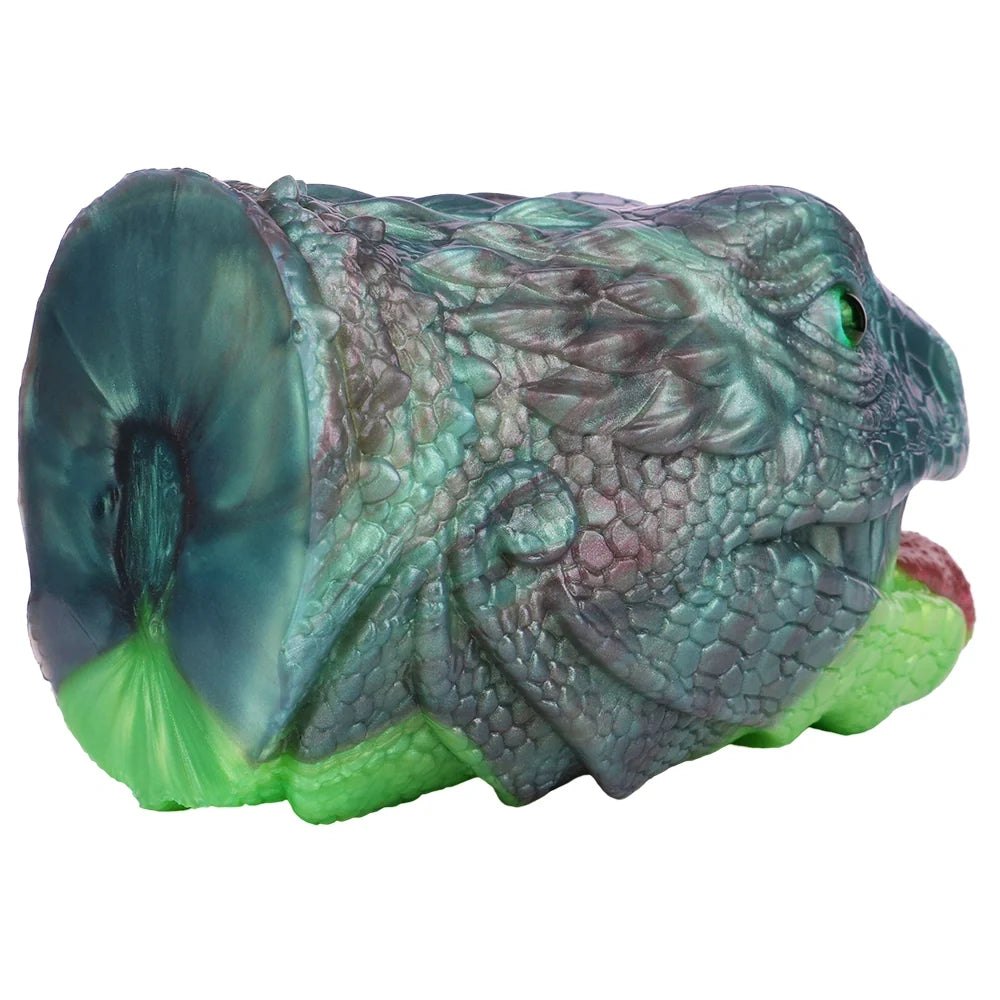 Teal-grey lizard head masturbator with emerald green eye, photo 10