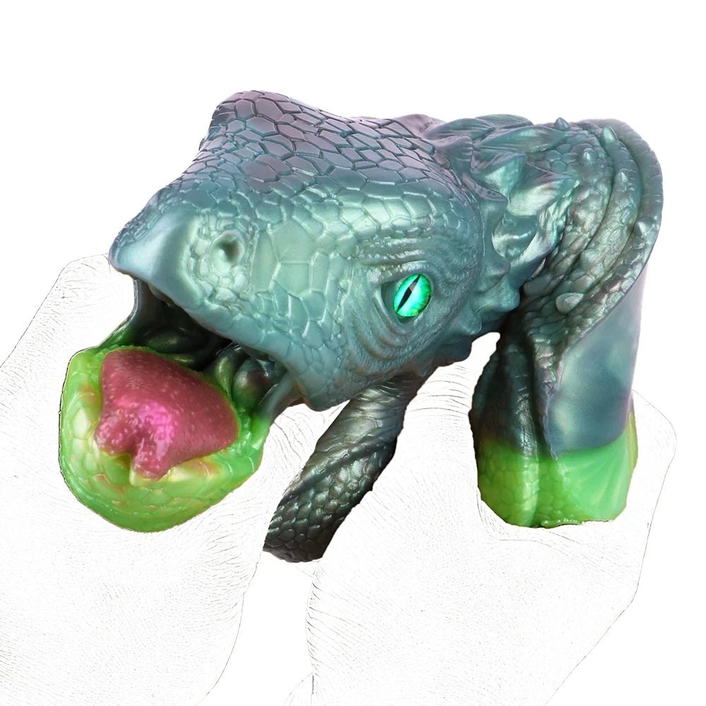 Teal-grey lizard head masturbator with emerald green eye, photo 11