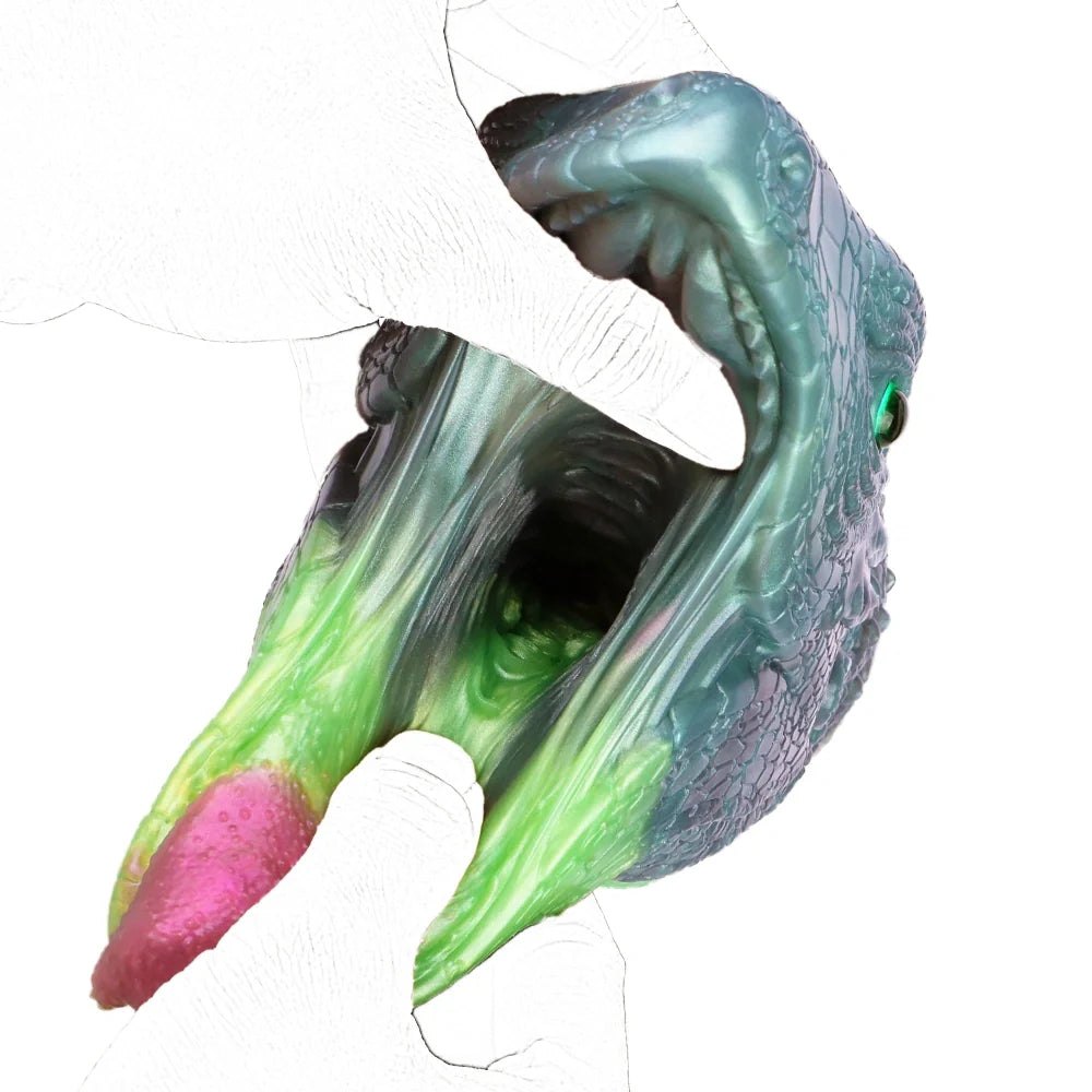 Teal-grey lizard head masturbator with emerald green eye, photo 12