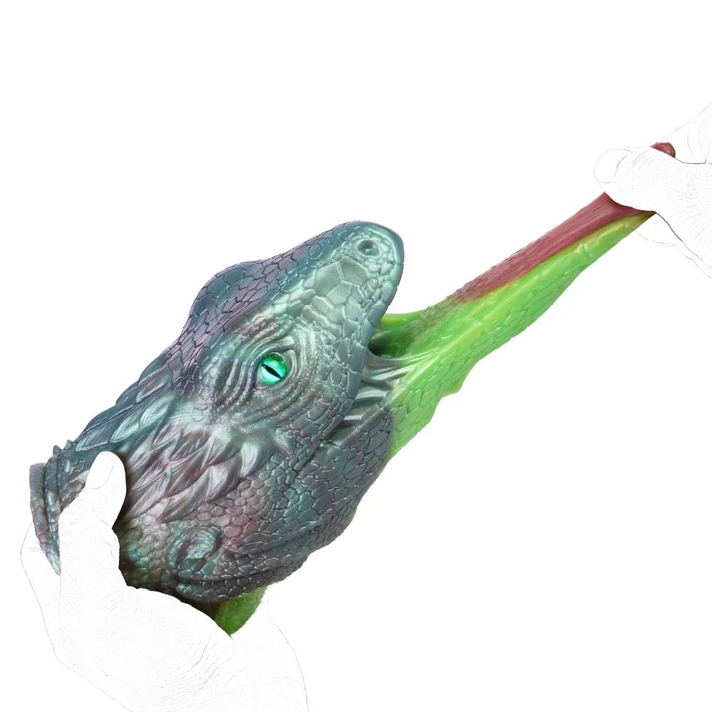 Teal-grey lizard head masturbator with emerald green eye, photo 13