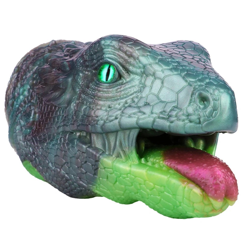 Teal-grey lizard head masturbator with emerald green eye, photo 2
