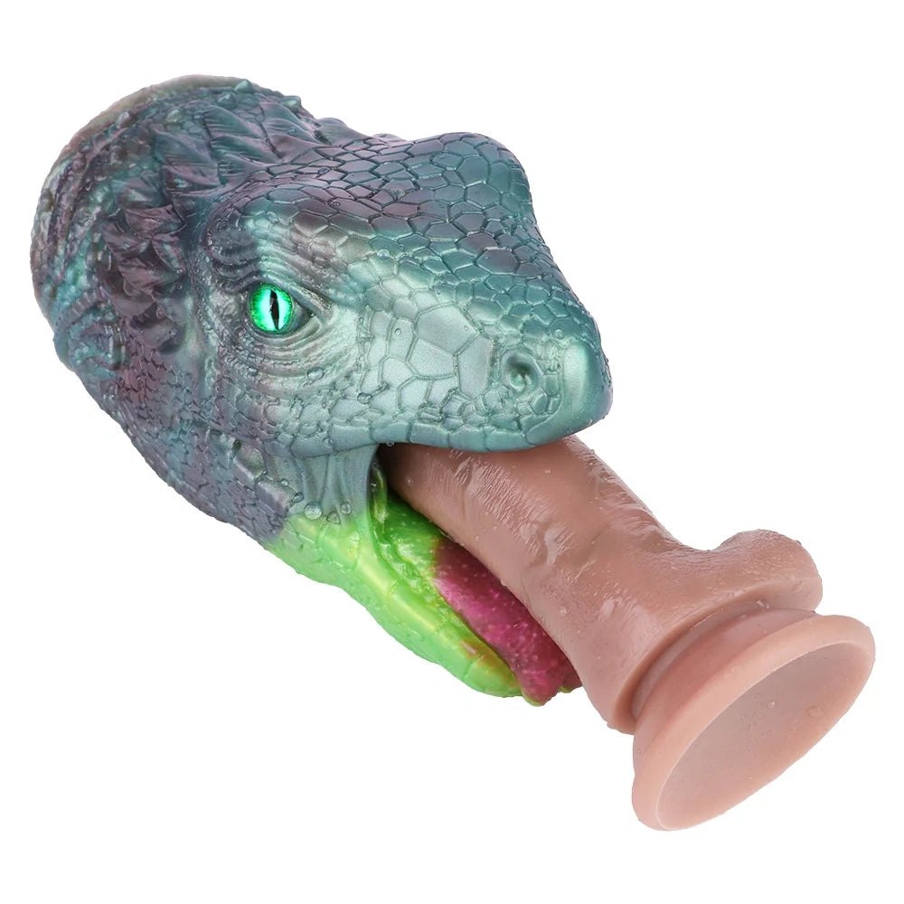 Teal-grey lizard head masturbator with emerald green eye, photo 3