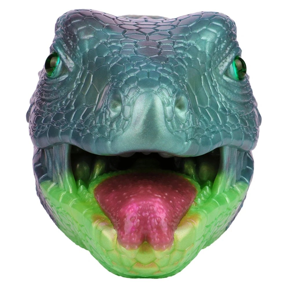Teal-grey lizard head masturbator with emerald green eye, photo 4