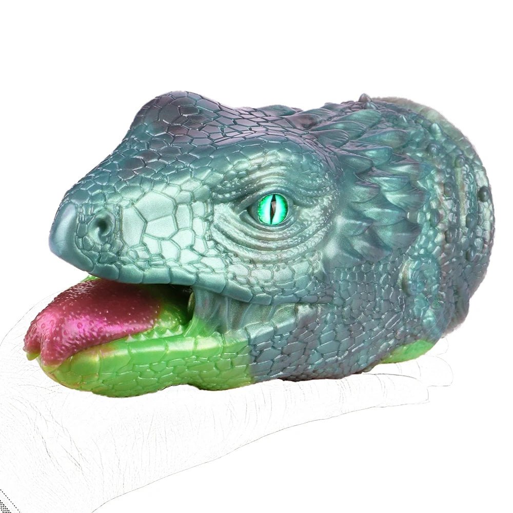 Teal-grey lizard head masturbator with emerald green eye, photo 5