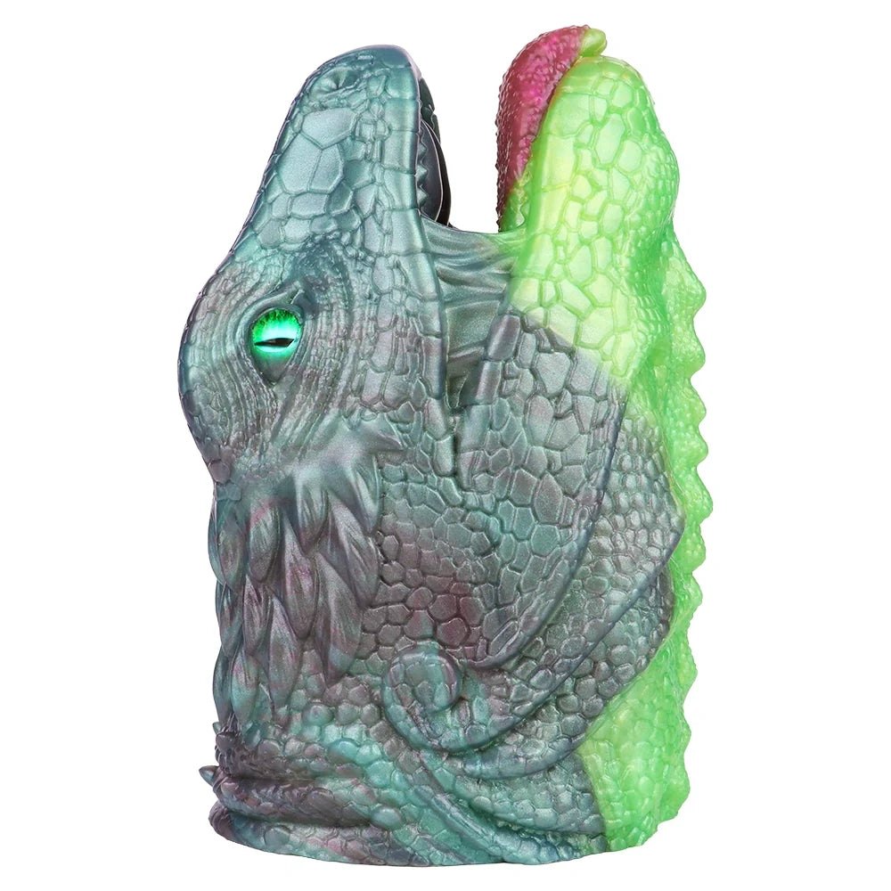 Teal-grey lizard head masturbator with emerald green eye, photo 9