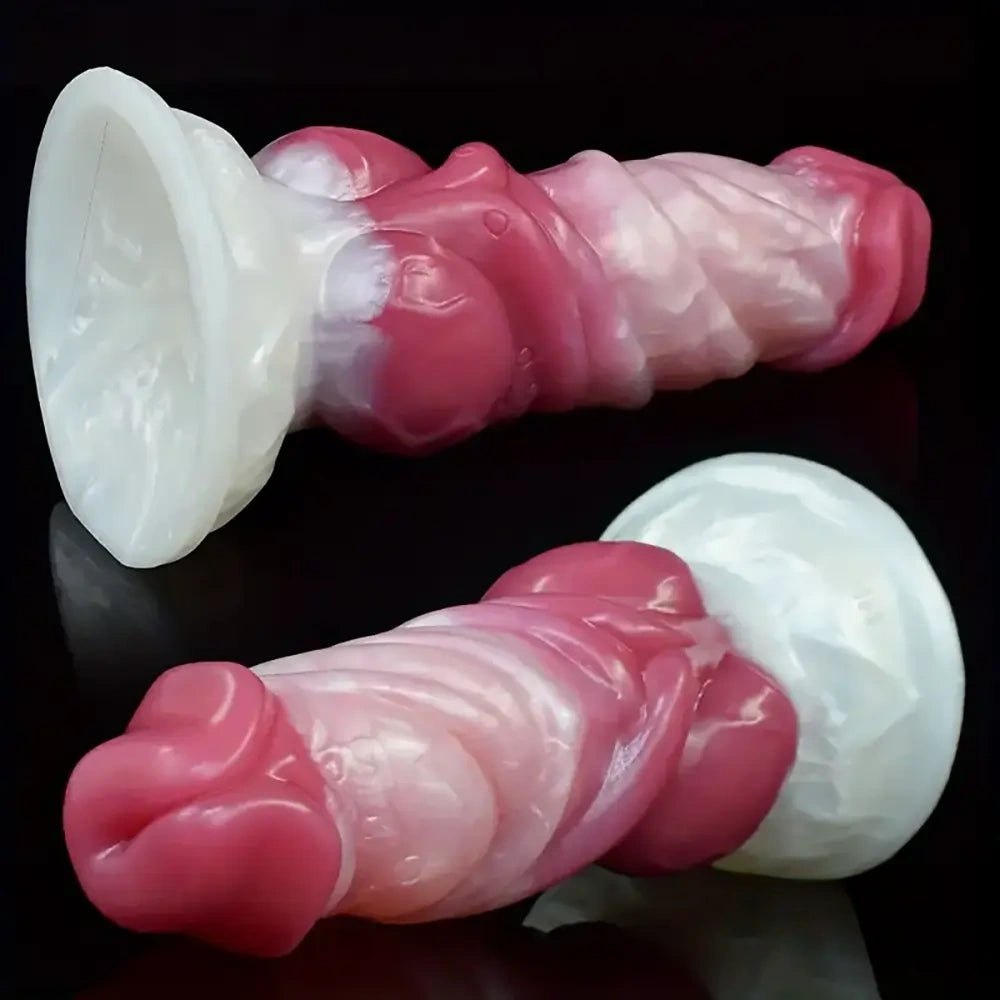 Pink and white fantasy monster silicone dildo with suction base, photo 2