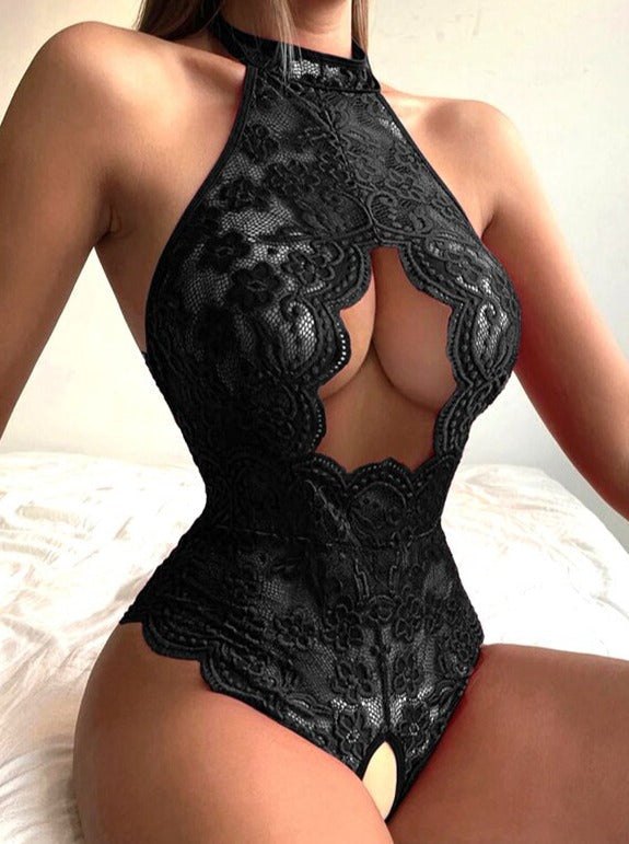 Black fantasy open lace crotchless bodysuit