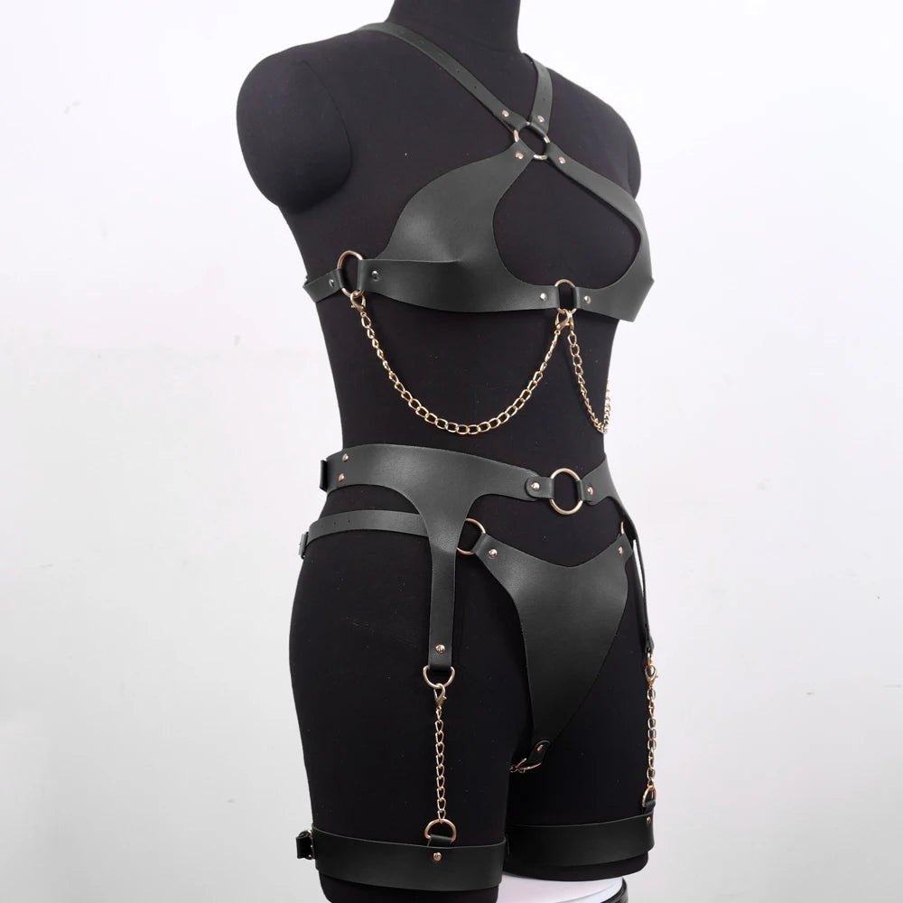Faux leather chain harness garter set, photo 2