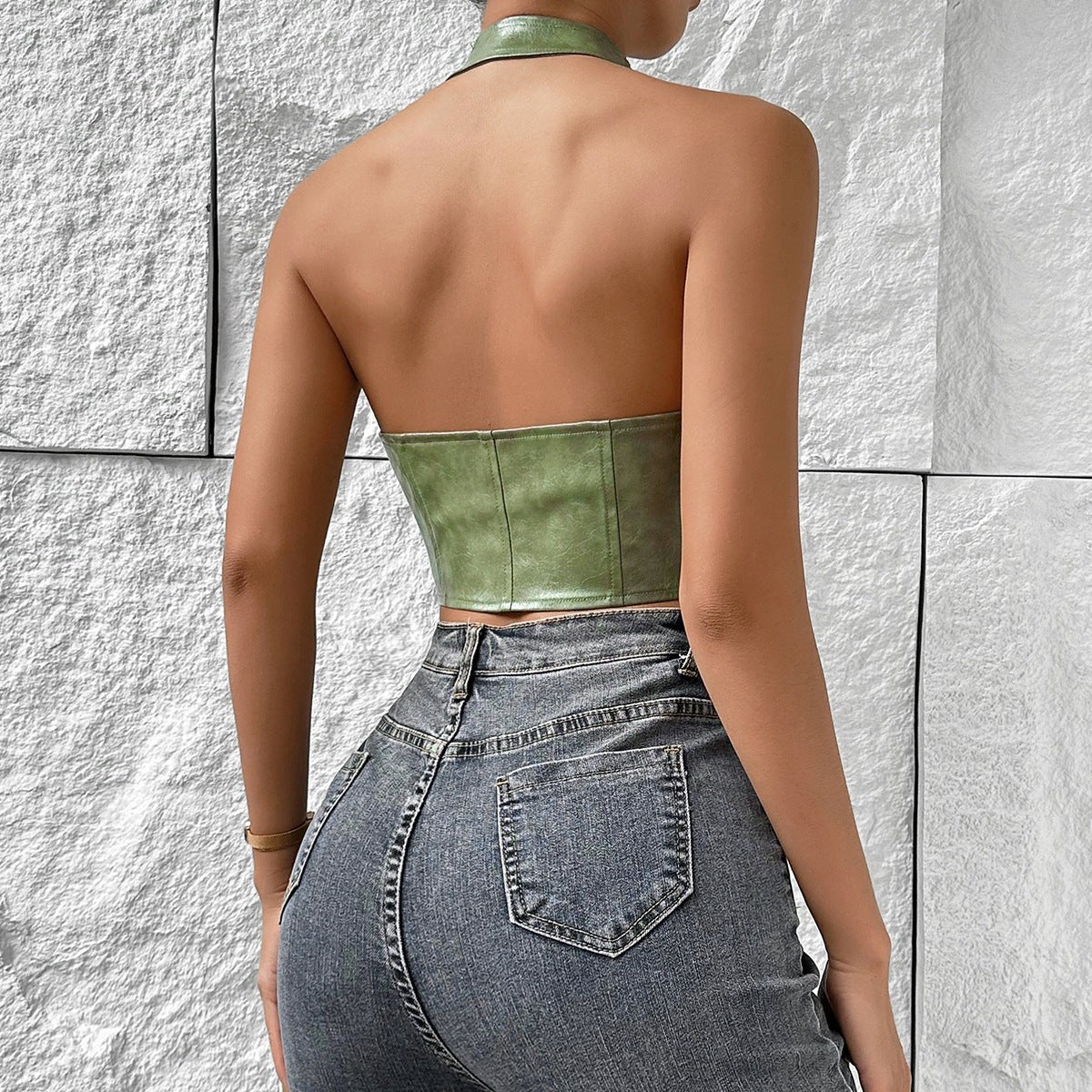 Faux leather halter lace up corset vest, photo 13