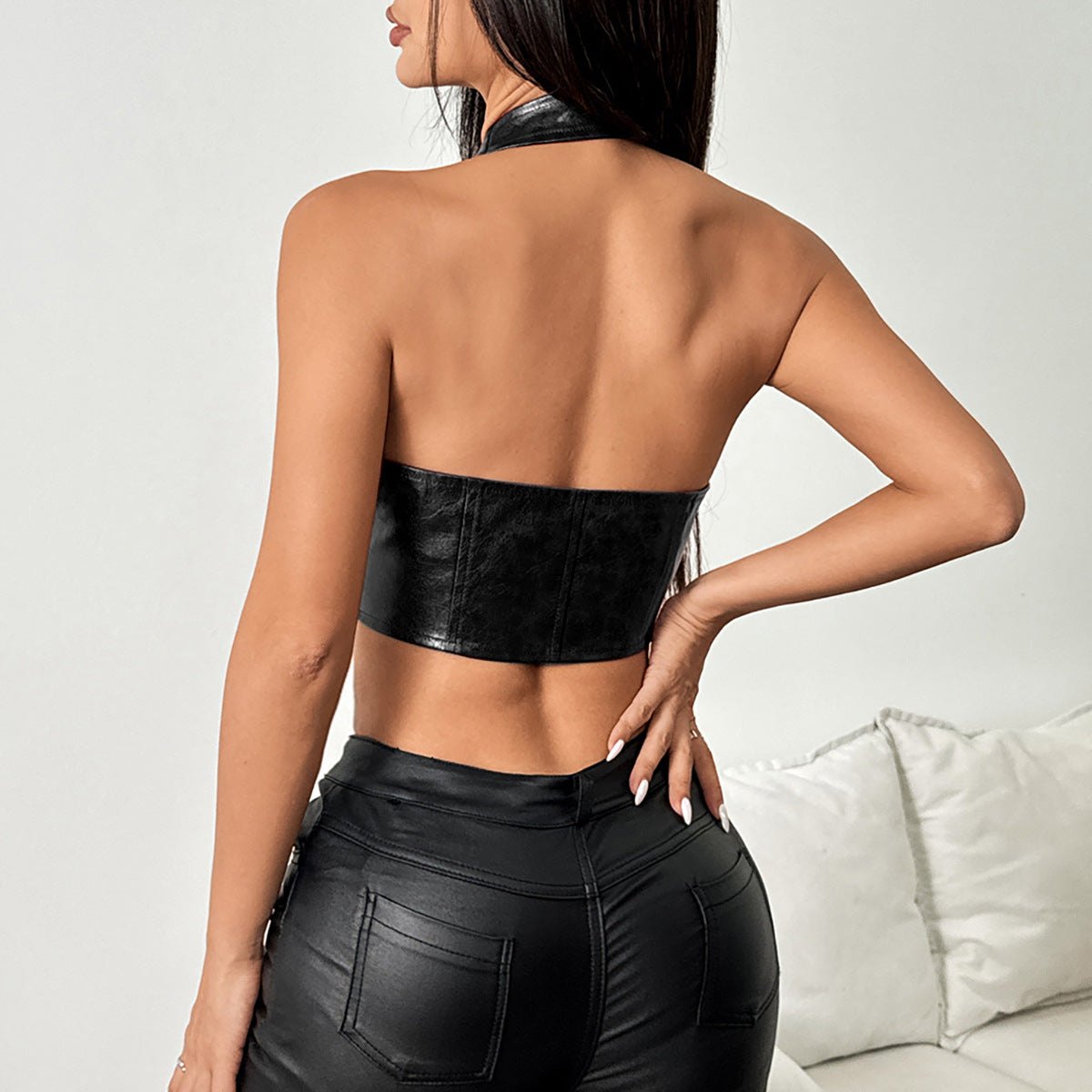 Faux leather halter lace up corset vest, photo 5