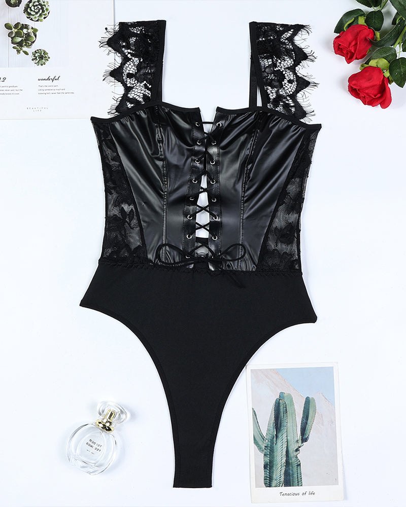 Faux leather lace camisole bodysuit, photo 4
