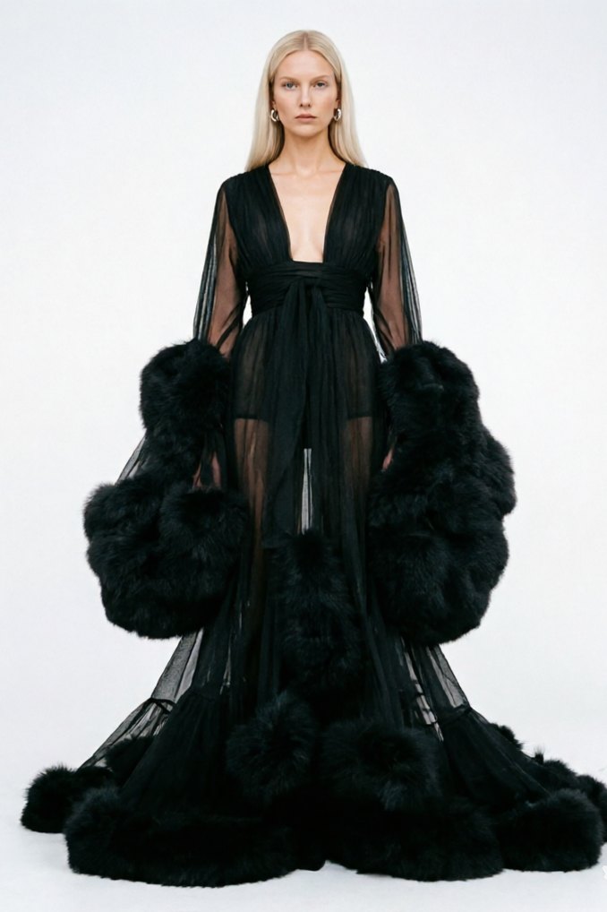 Black feather bell sleeve trailing chemise robe