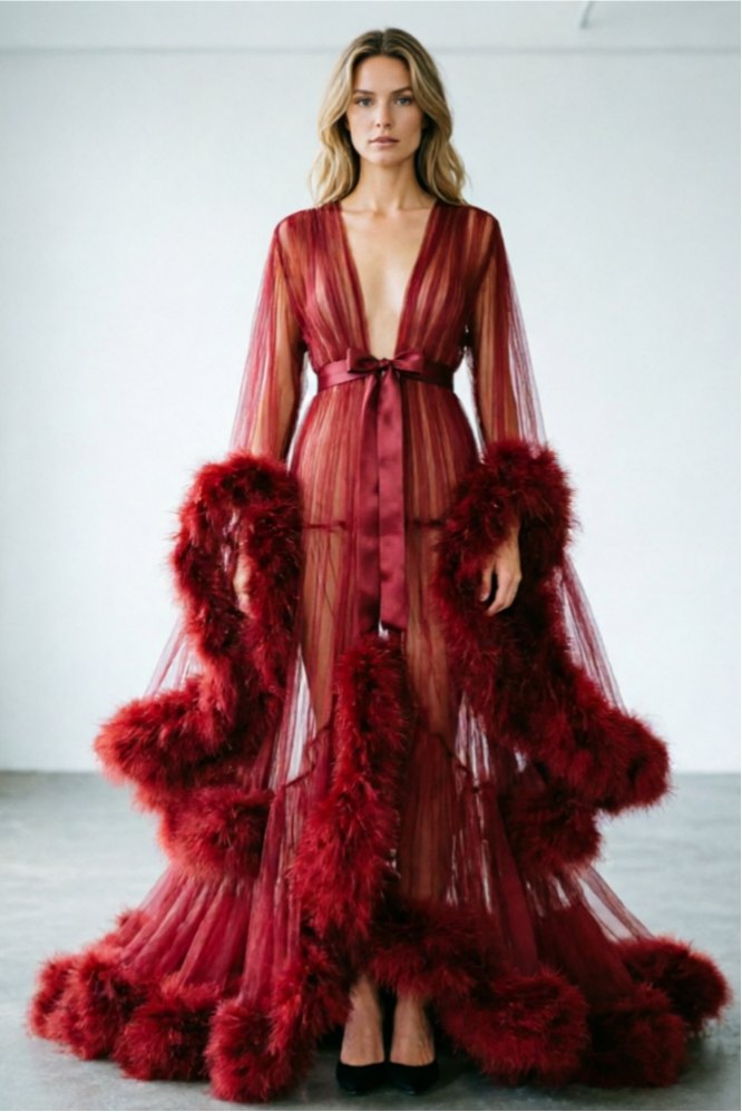Burgundy feather bell sleeve trailing chemise robe