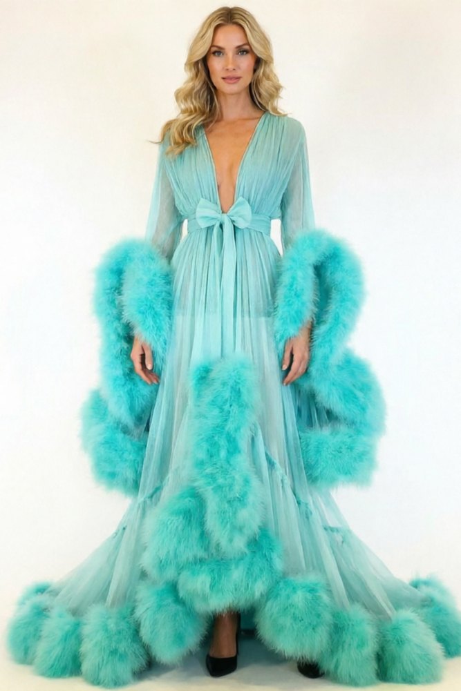 Green feather bell sleeve trailing chemise robe