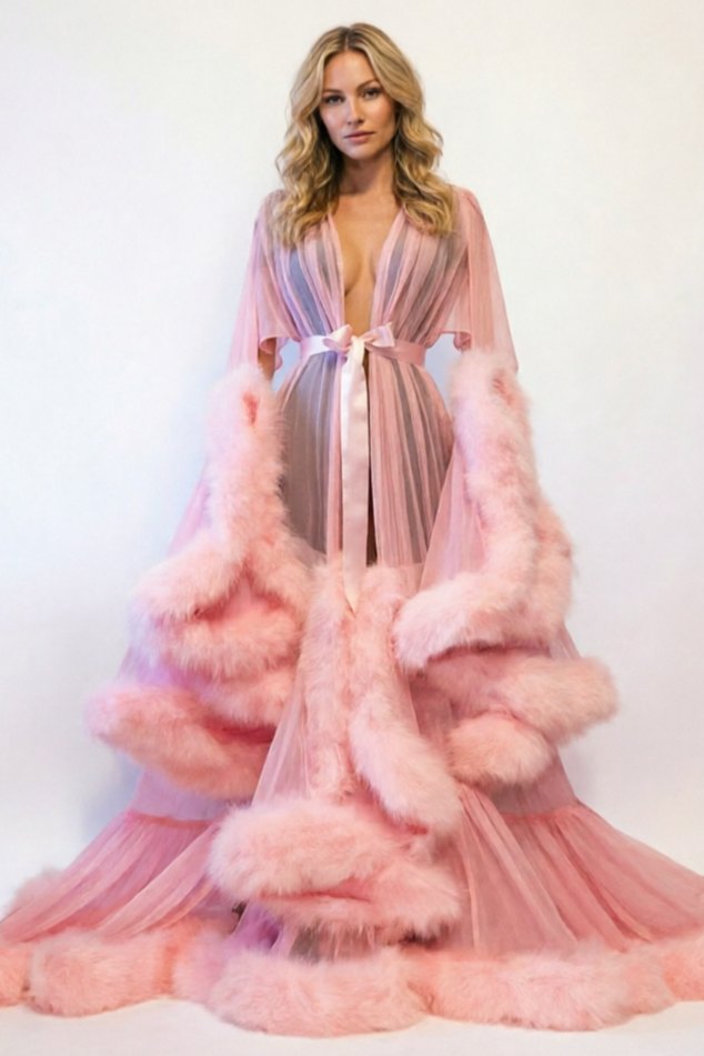 Pink feather bell sleeve trailing chemise robe