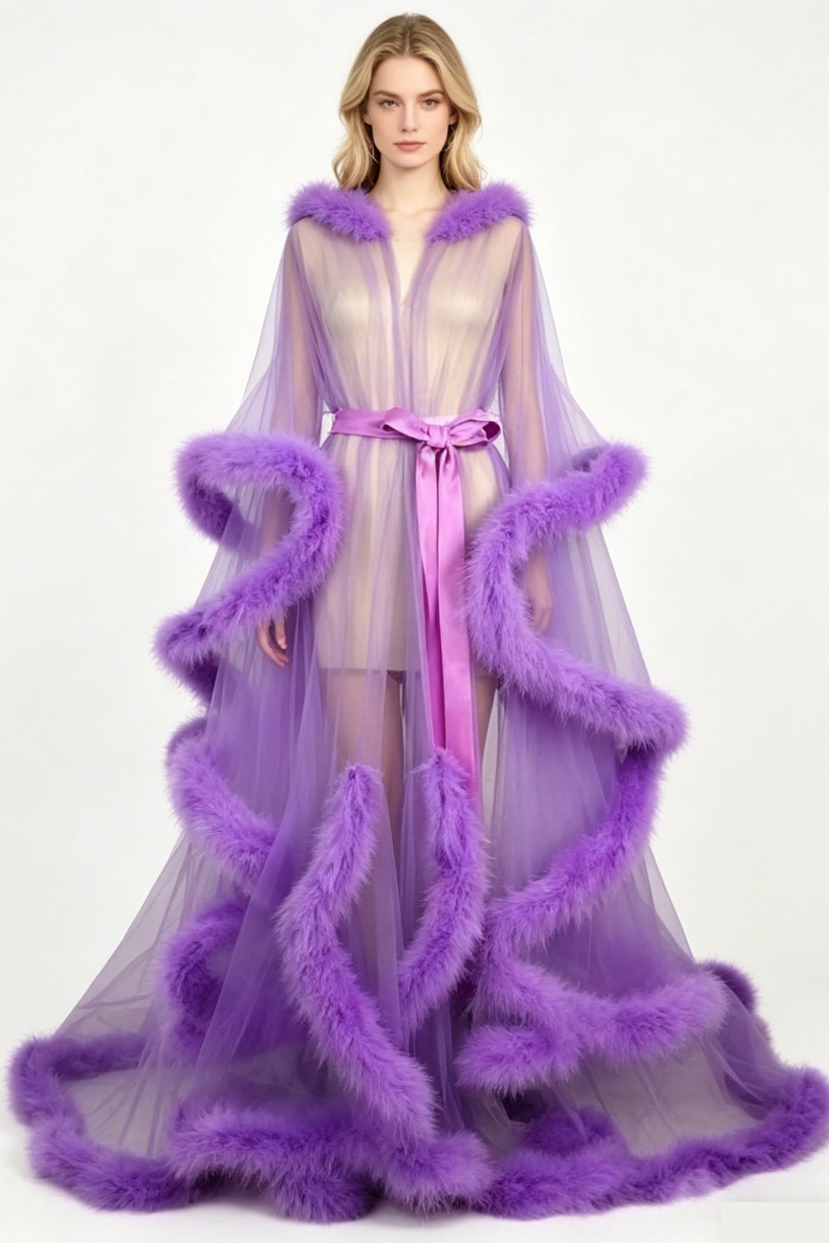 Purple feather bell sleeve trailing chemise robe