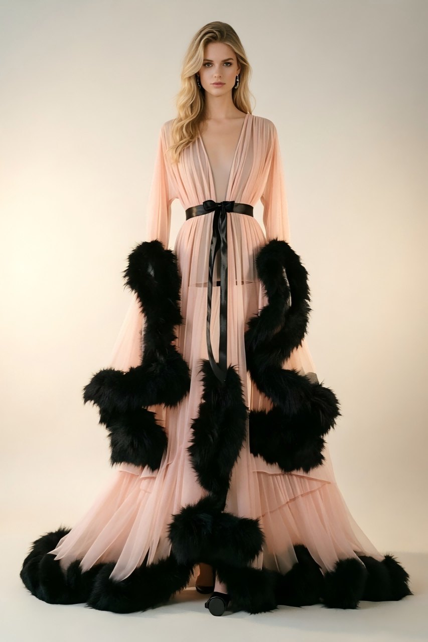 Feather bell sleeve trailing chemise robe, photo 1