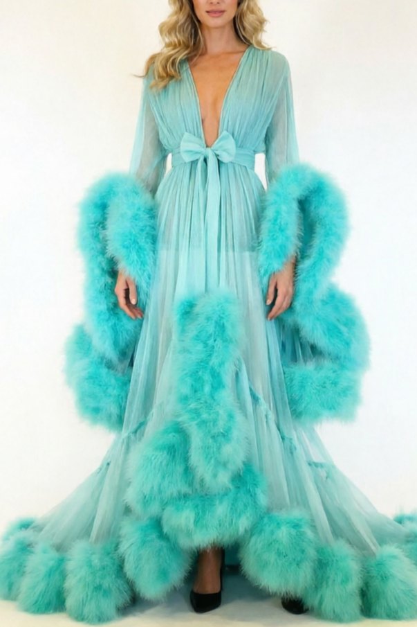 Feather bell sleeve trailing chemise robe, photo 3