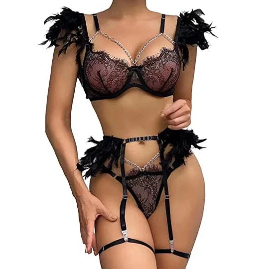 Black feather lace rhinestone bra set lingerie