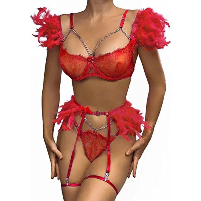 Red feather lace rhinestone bra set lingerie